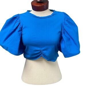 Zara Royal Puff Sleeve Cropped Blouse Size Large Ruched Front